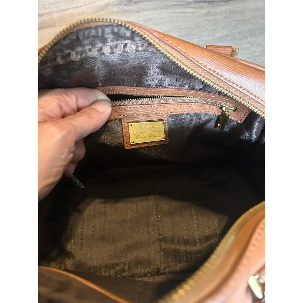 Lauren Ralph Lauren Dome Satchel Top Handle Bag Brown Cognac Gold Crest
